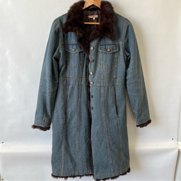 Vintage Jackets & Blazers - Vtg Moda Mojo Rabbit Fur Lined Long Denim Jacket